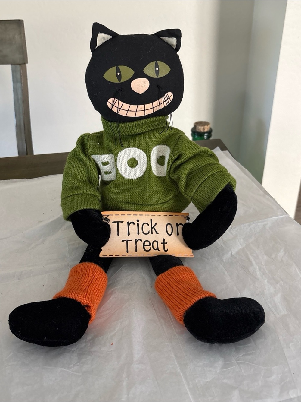 Black Cat Plush with Green 'BOO' Sweater and Orange Socks - Halloween Decor
